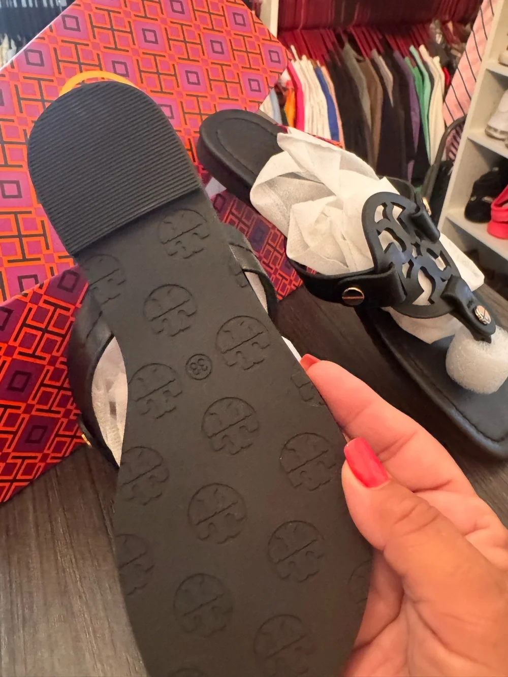 Brand New-never own-full details Tory Burch Black Leather Logo Sandals